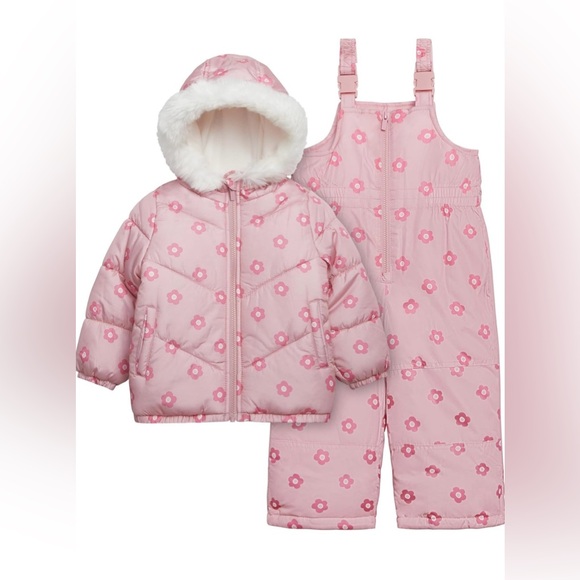 Carter's girls 2pc Snowsuit Faux Fur Trimmed Hooded Puffer Jacket & Ski Bib Set - Picture 7 of 11